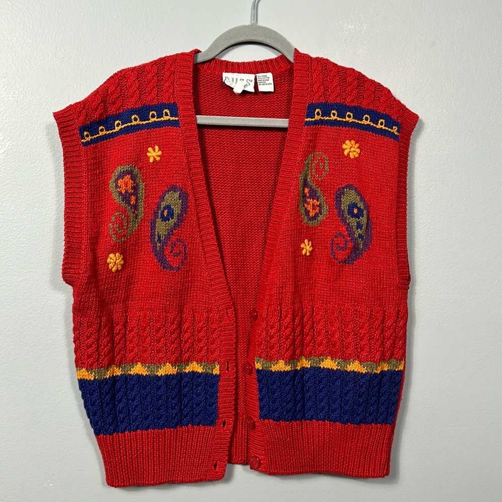 Adorable Russ red vintage knit colorful vest size Large
